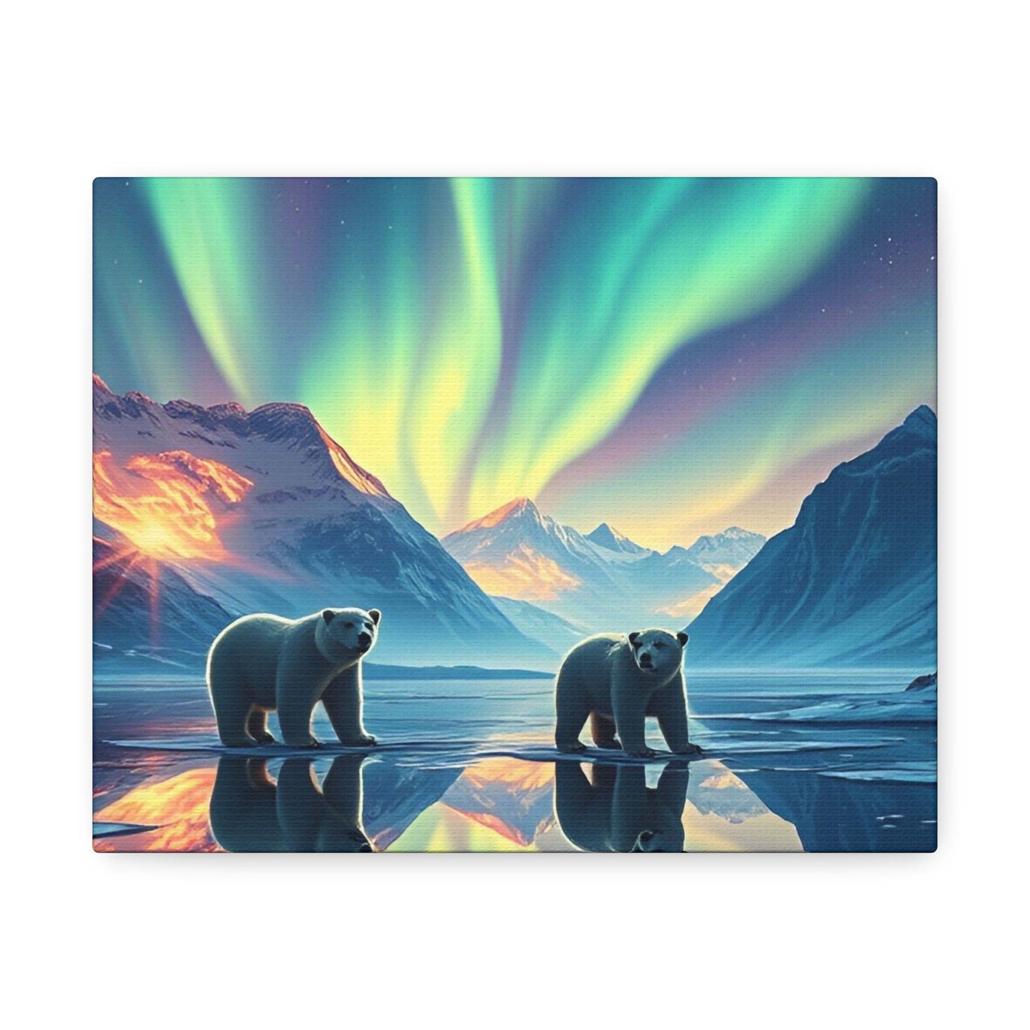 Aurora Polar Bears Stretched Canvas - Northern Lights Wildlife Wall Art