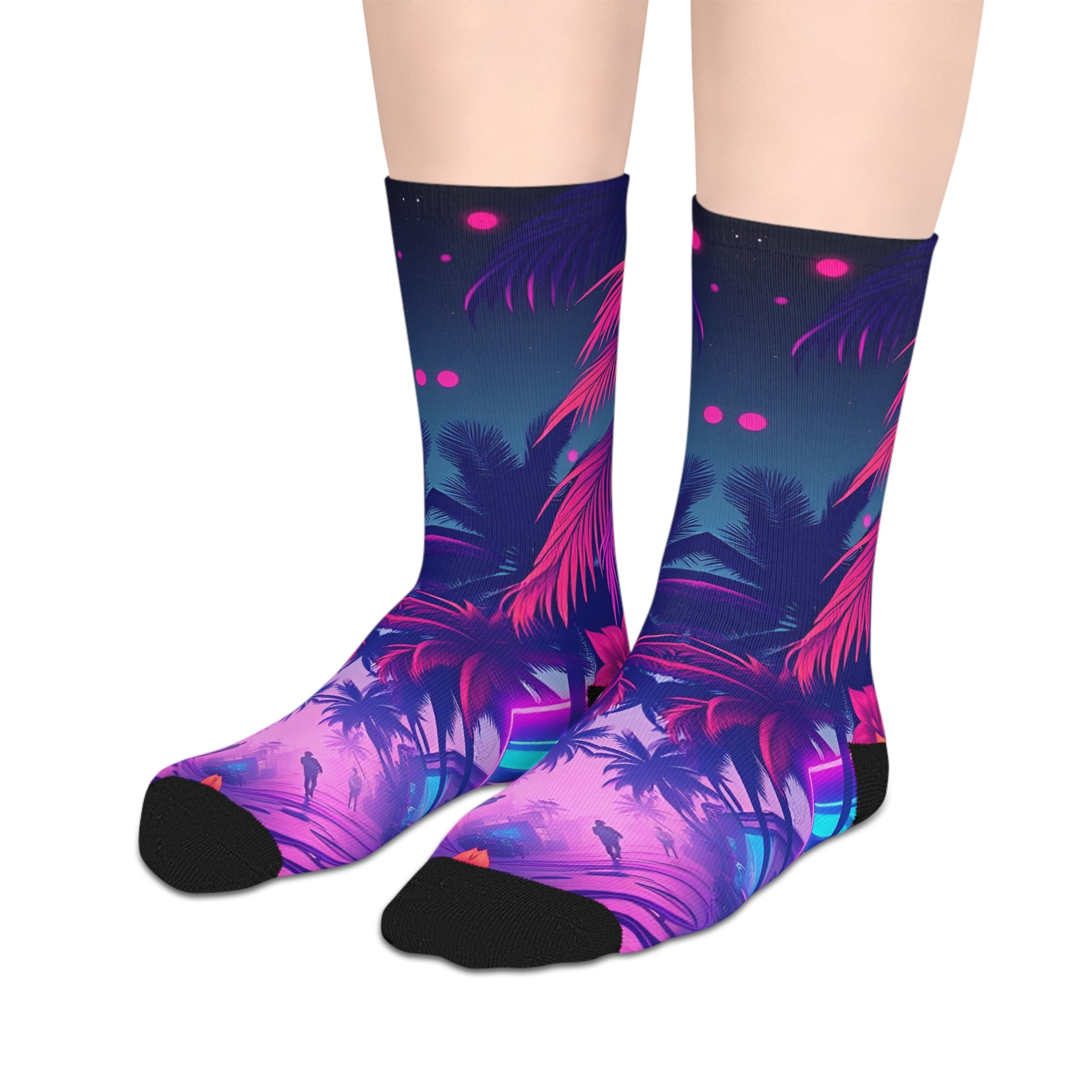 Psychedelic Neon Palm Mid‑Calf Socks — Retro Vaporwave Tropical Design