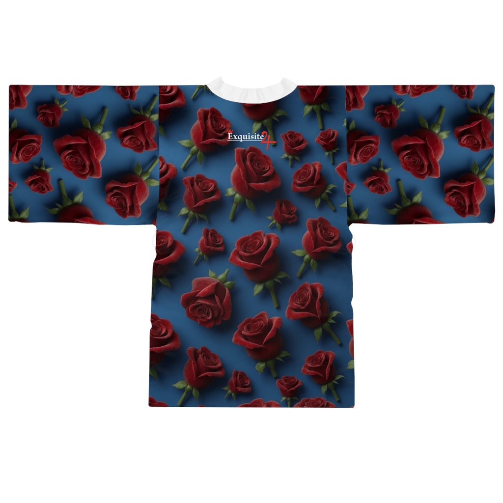 Rose Pattern Kimono Robe — Red Roses on Blue All-Over Print