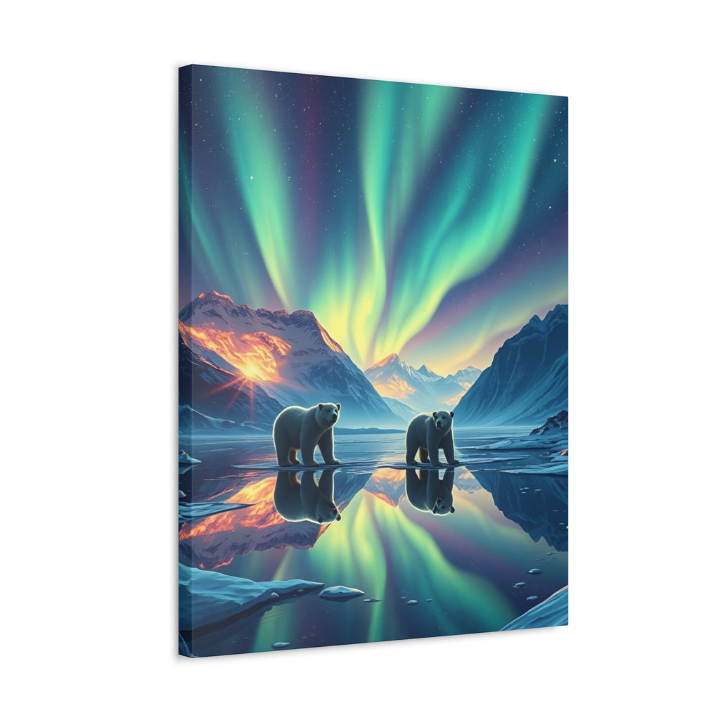 Aurora Polar Bears Stretched Canvas - Northern Lights Wildlife Wall Art