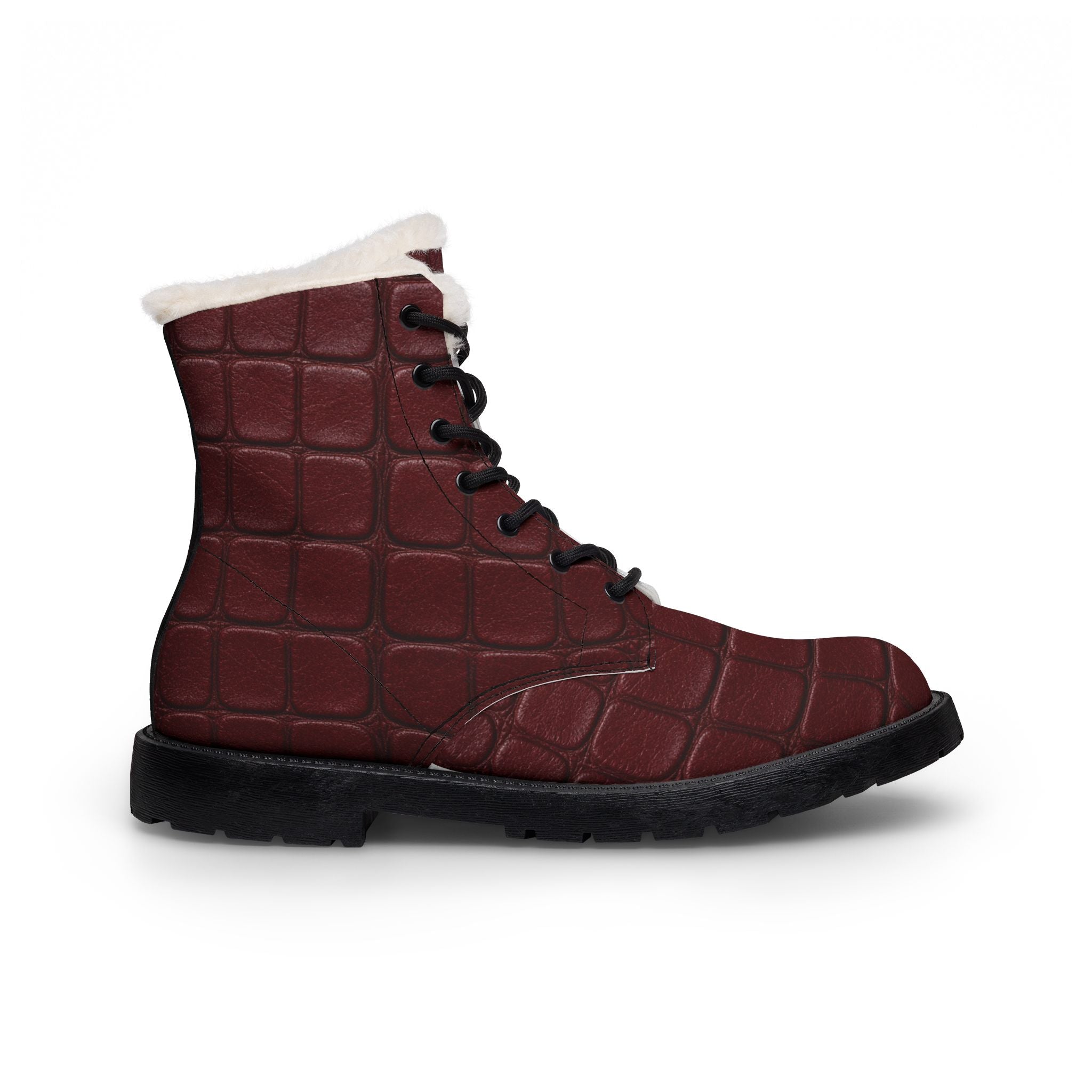 Women's Burgundy Crocodile Print Leather Fur-Lined Boots