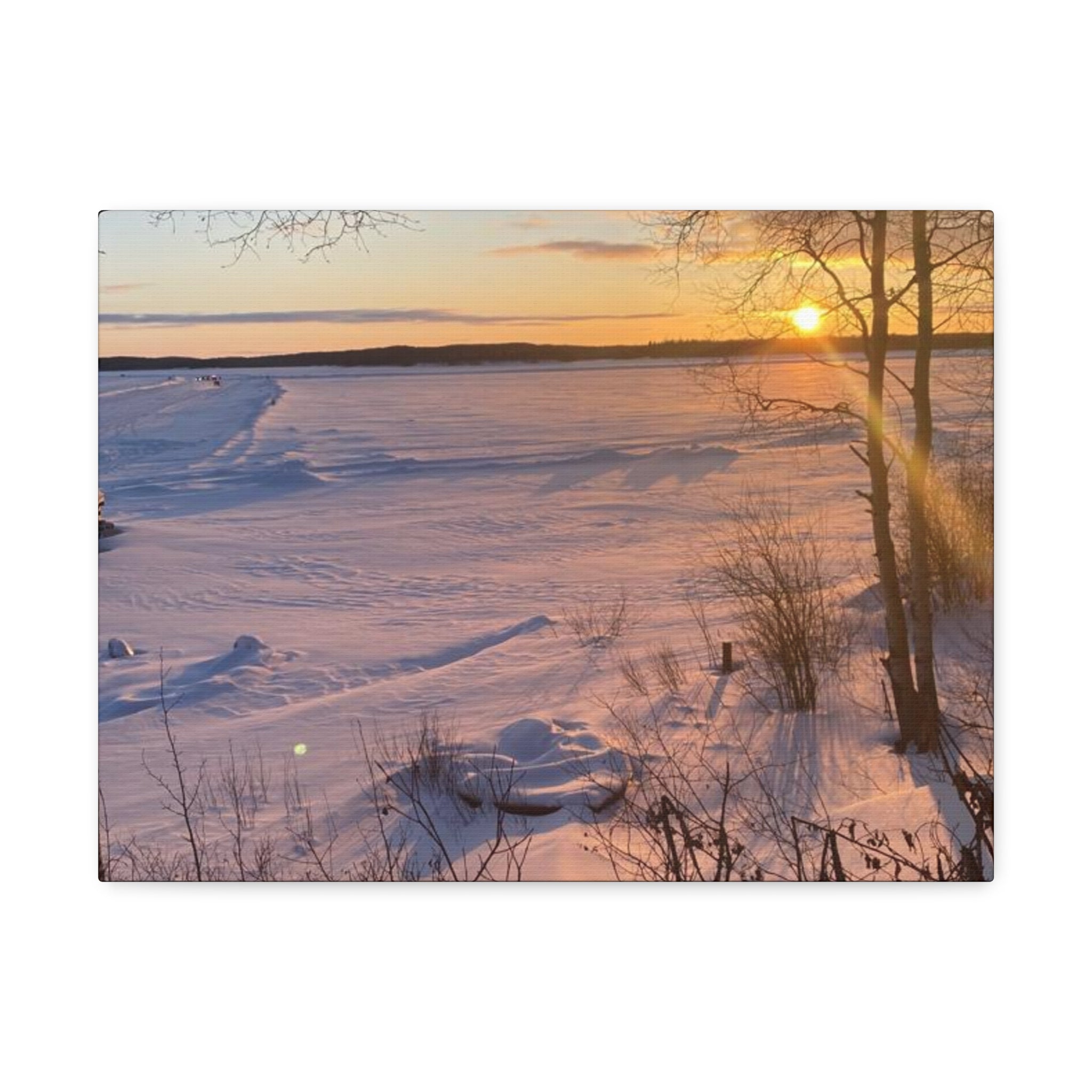 Sunset over Frozen Lake Stretched Canvas Wall Art