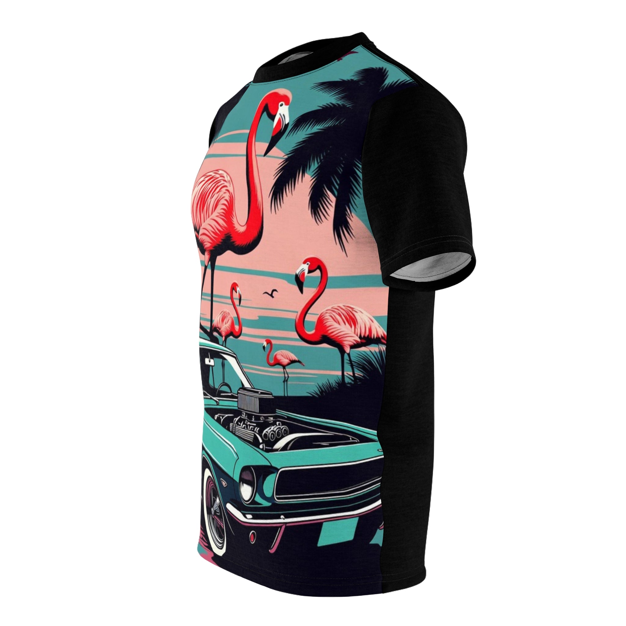 Retro Flamingo Muscle Car Tee — Vintage Tropical Sunset All-Over Print Shirt