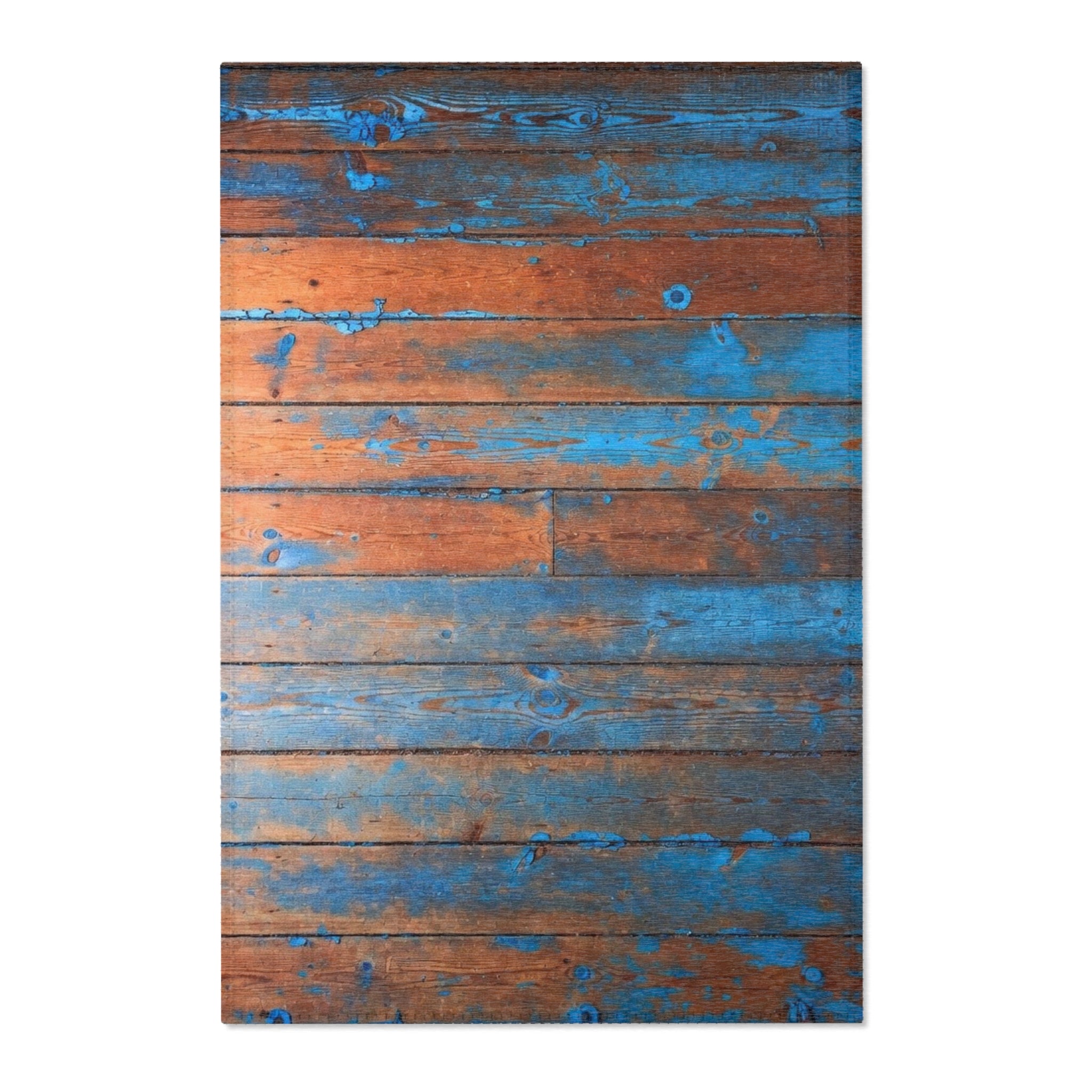 Rustic Blue Patina Wood Area Rug — Distressed Coastal Floor Decor