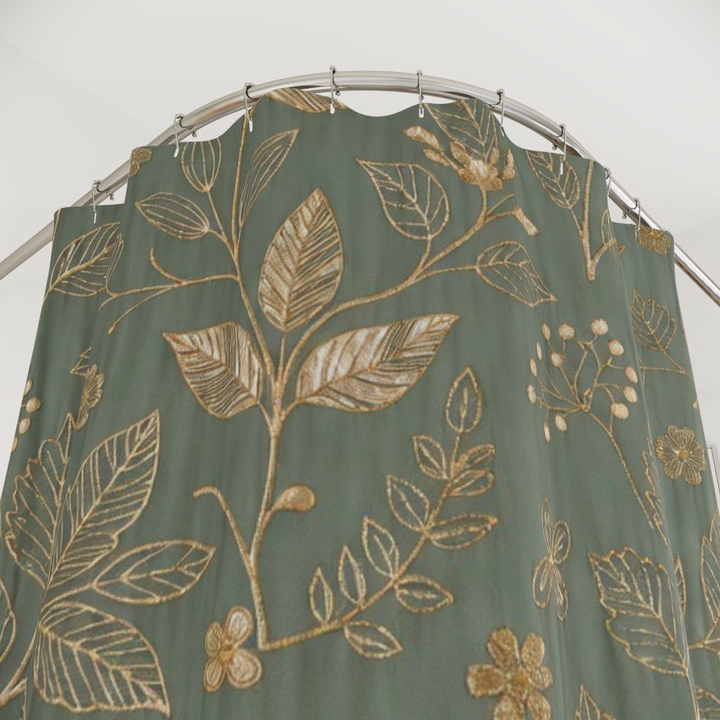 Botanical Gold Leaves Shower Curtain — Teal Green Floral Bathroom Decor