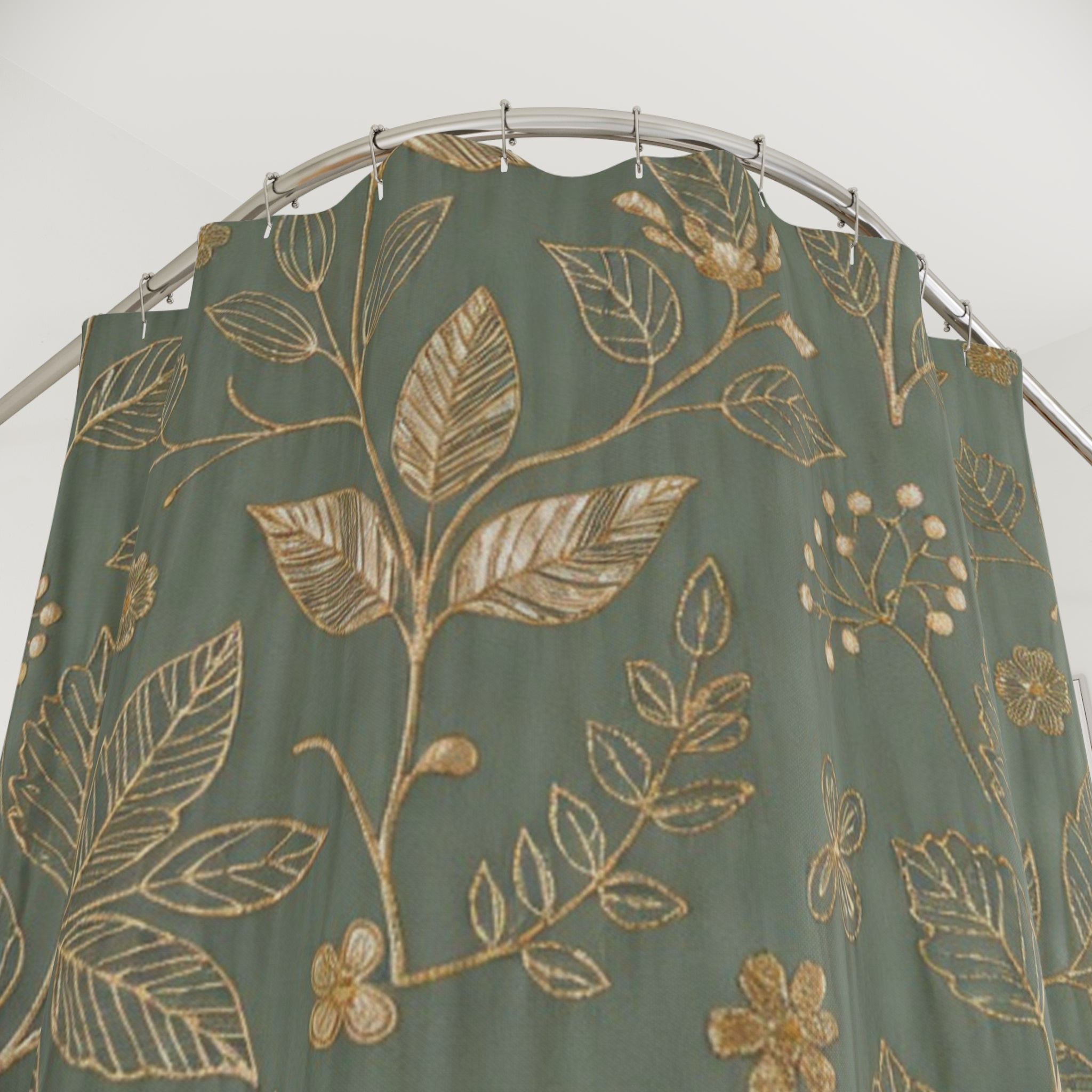 Botanical Gold Leaves Shower Curtain — Teal Green Floral Bathroom Decor