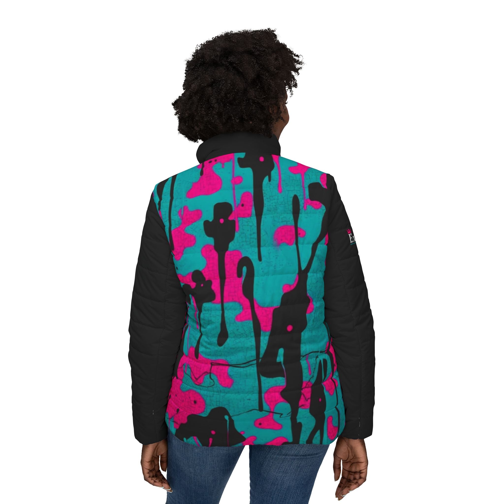 Women’s Pink and Teal Paint Splatter Puffer Jacket