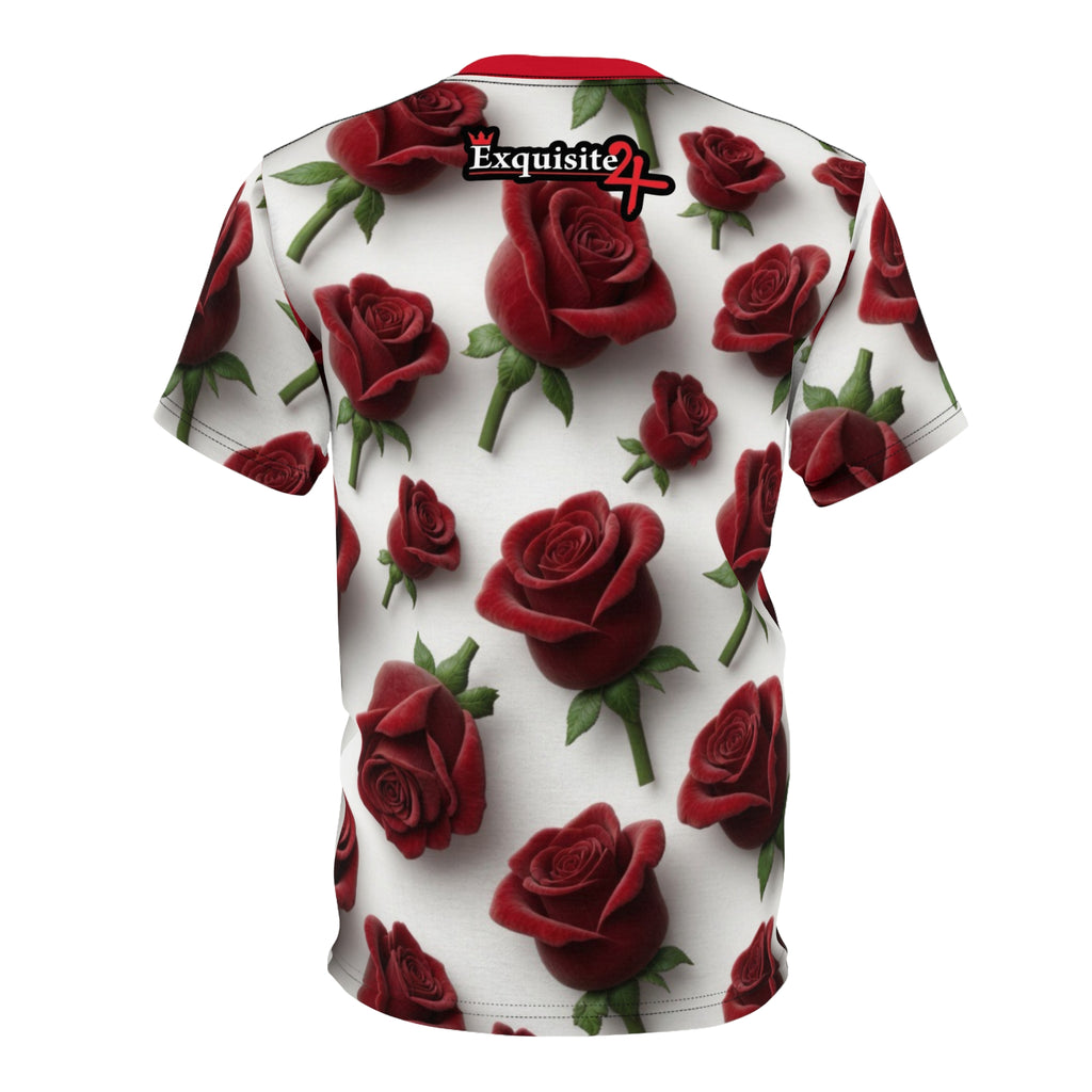 Red Rose All-Over Print Tee — Romantic Floral Pattern White T-Shirt