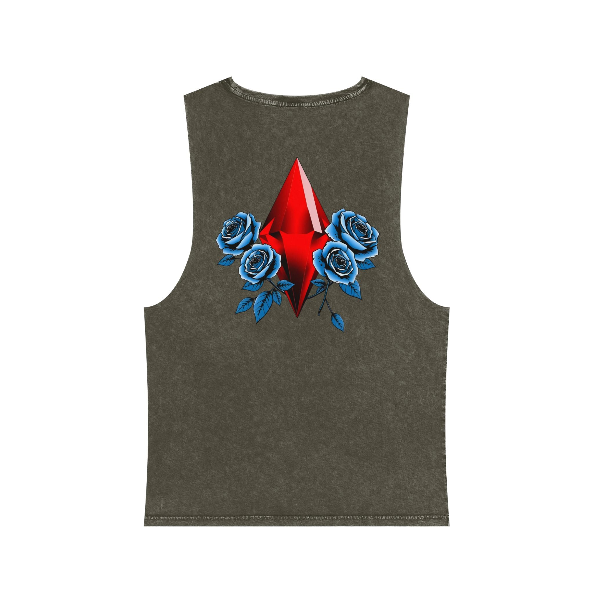 Exquisite 24 'Royalty Within' Stonewash Tank Top — Red Jewel & Blue Roses Graphic