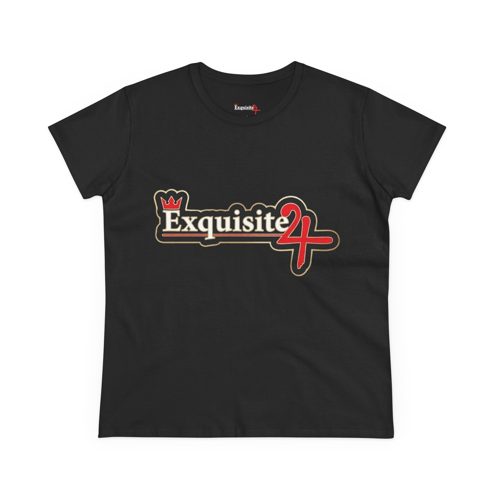 Exquisite 24 Sticker Logo Women's Graphic Tee – Black with Gold Rim