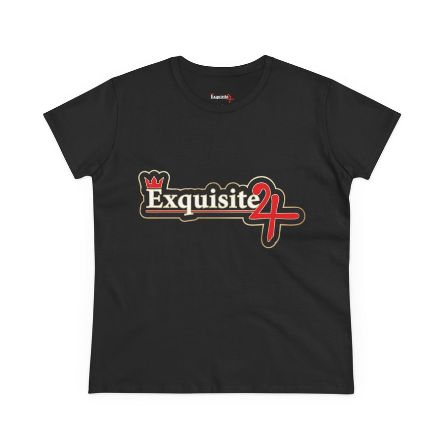 Exquisite 24 Sticker Logo Women's Graphic Tee – Black with Gold Rim