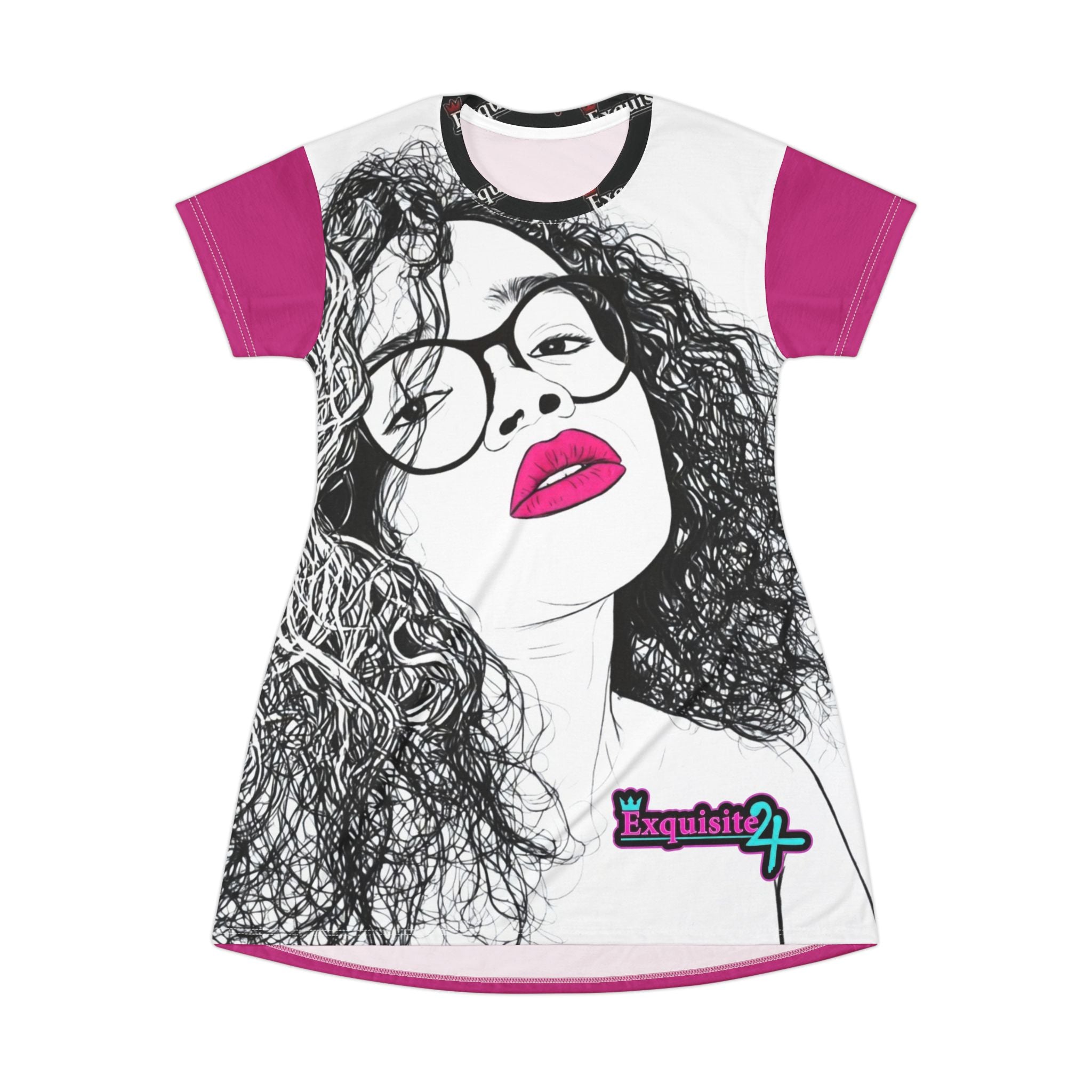 Graphic T‑Shirt Dress — Pink Pop Art Woman & Exquisite 24  Logo