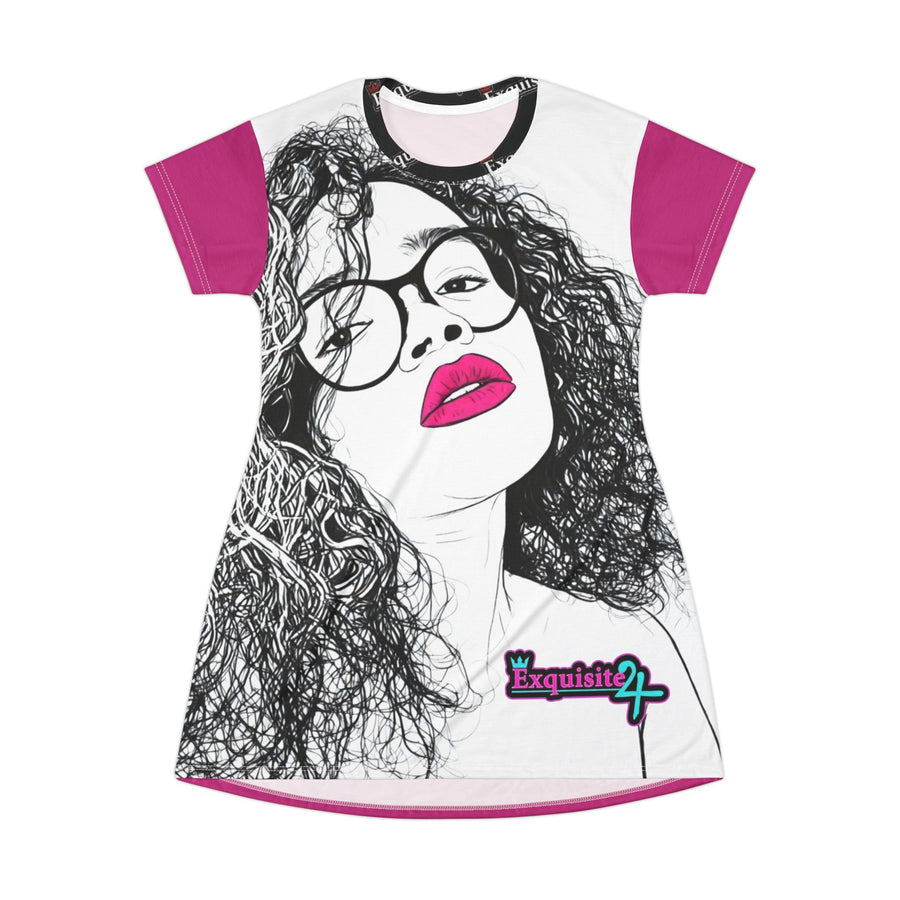 Graphic T‑Shirt Dress — Pink Pop Art Woman & Exquisite 24  Logo