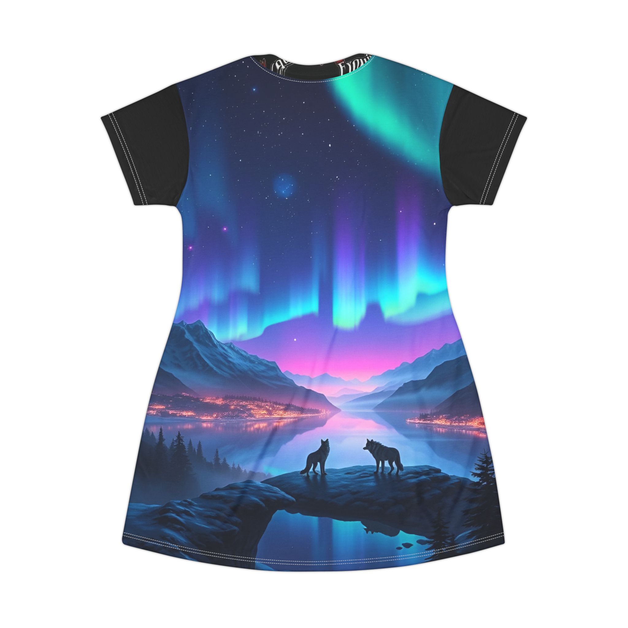 Aurora Wolf Night T‑Shirt Dress — Neon Northern Lights Portrait Print
