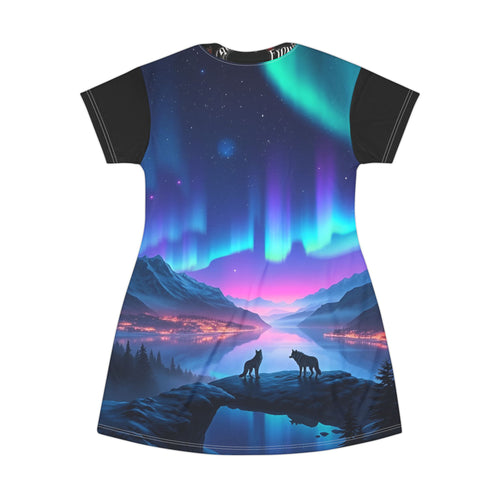 Aurora Wolf Night T‑Shirt Dress — Neon Northern Lights Portrait Print