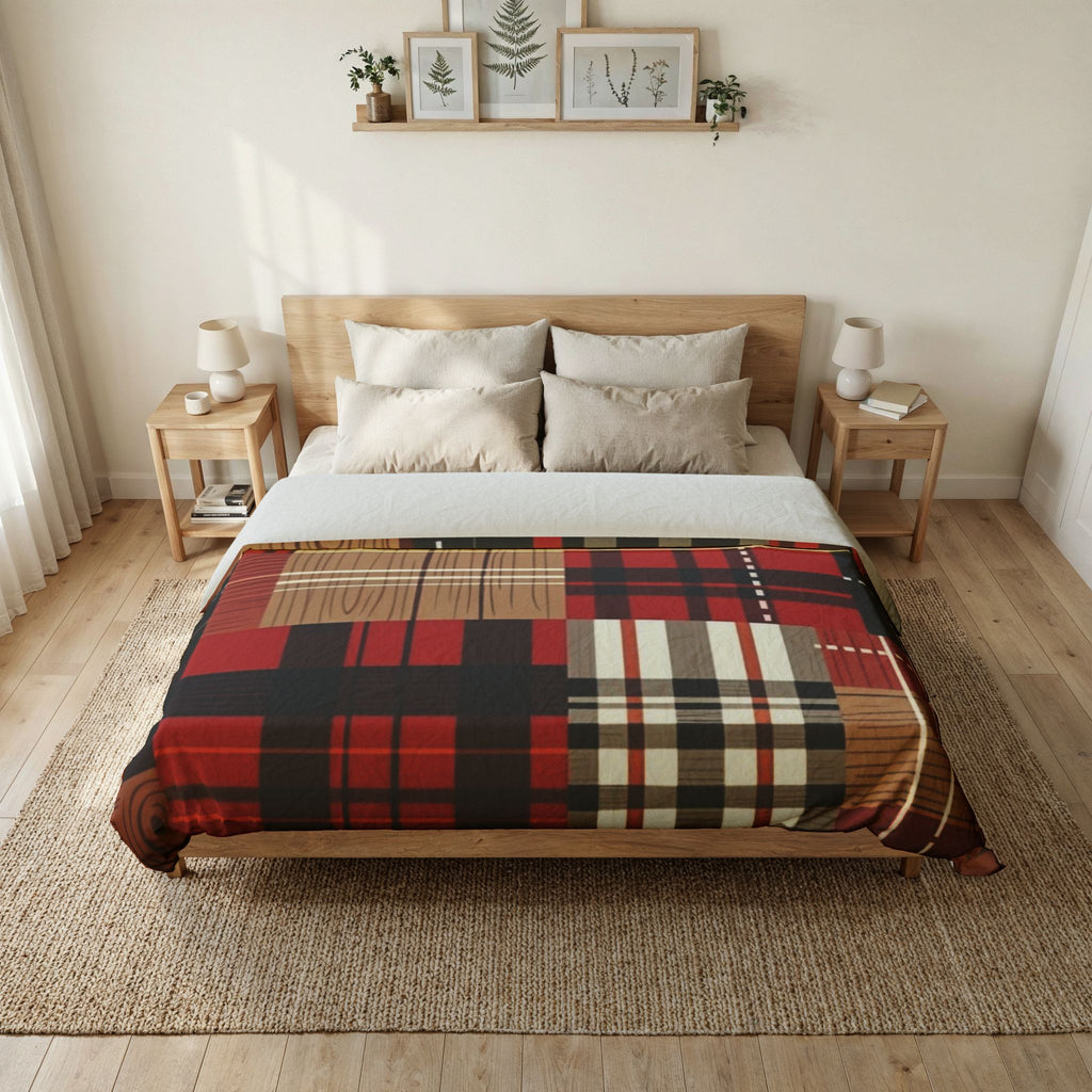 Plaid Patchwork Cotton Duvet Cover — Red Check Rustic Cabin Bedding