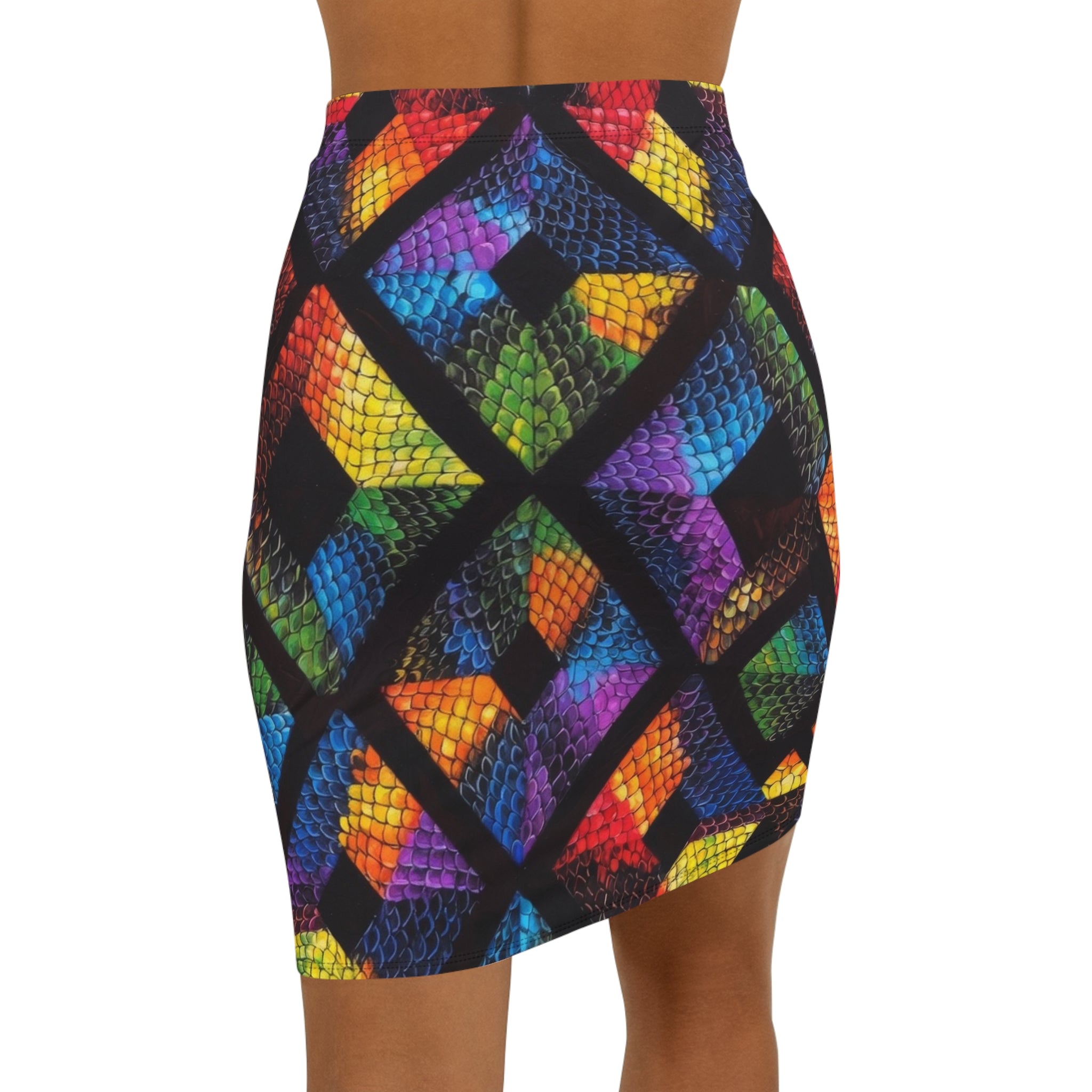 Rainbow Geometric Snake-Print Pencil Skirt