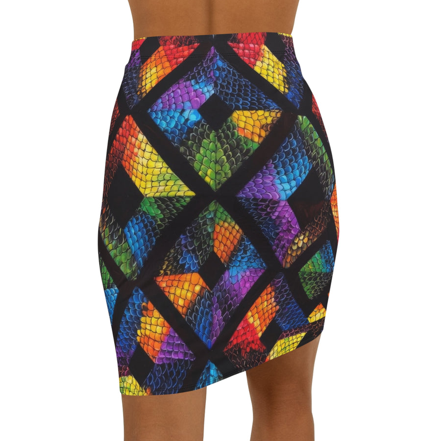 Rainbow Geometric Snake-Print Pencil Skirt