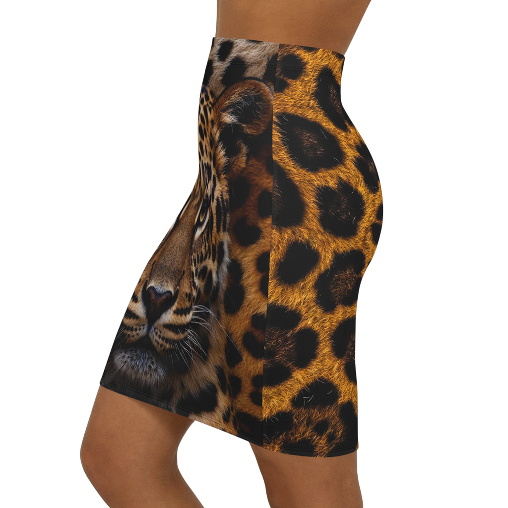 Leopard Face Print Pencil Skirt — Bold Animal Print Women's Mid-Waist Skirt
