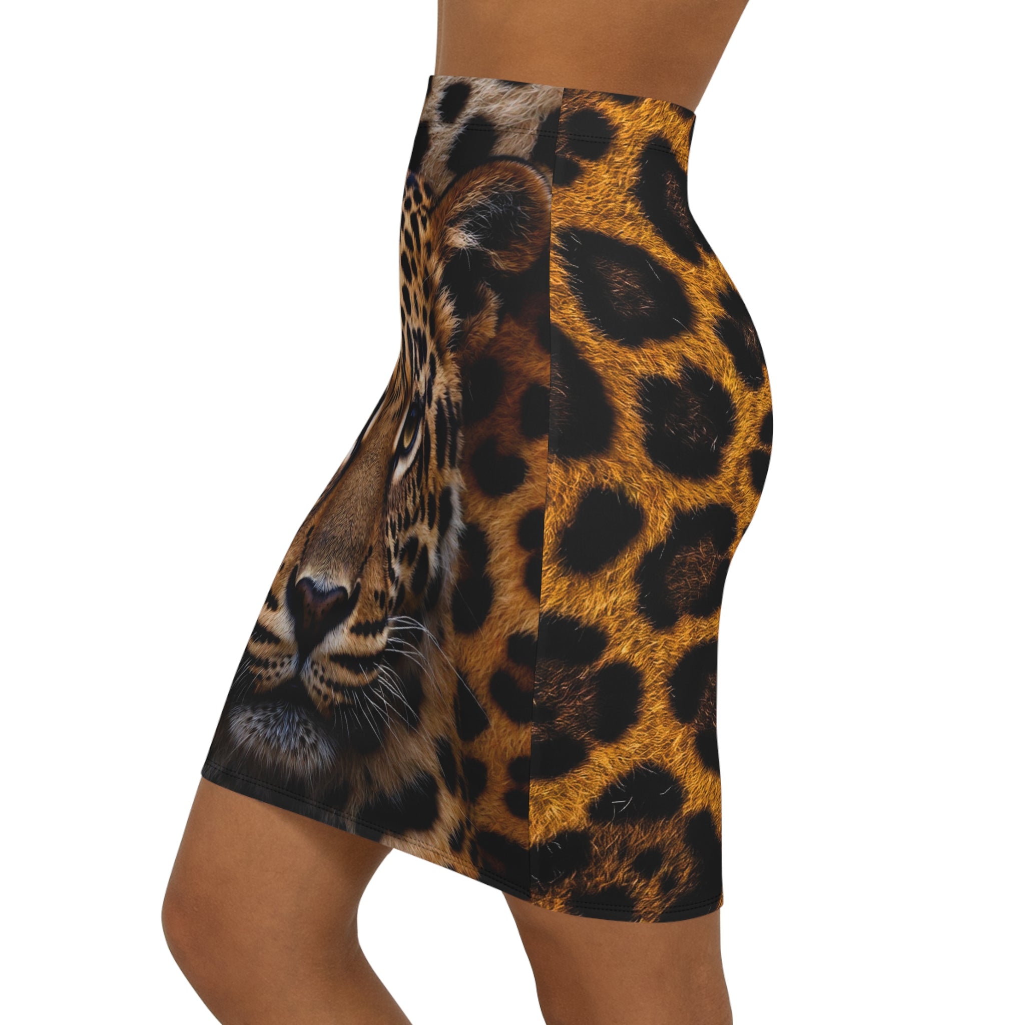 Leopard Face Print Pencil Skirt — Bold Animal Print Women's Mid-Waist Skirt